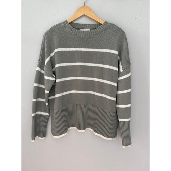 Sincerely Jules Boxy Knit Sweater, 100% Cotton, Neutral Green w/ Cream Stripes - Picture 1 of 6